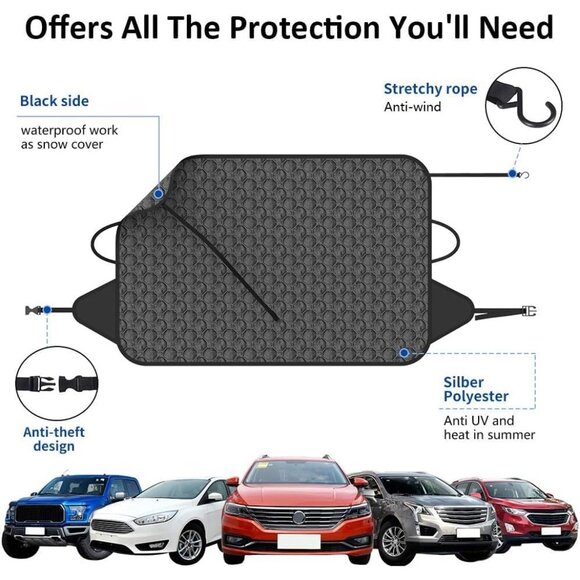 Windshield Cover for Ice and Snow Thickened Windproof Winter Cover with Hooks - Picture 4 of 9